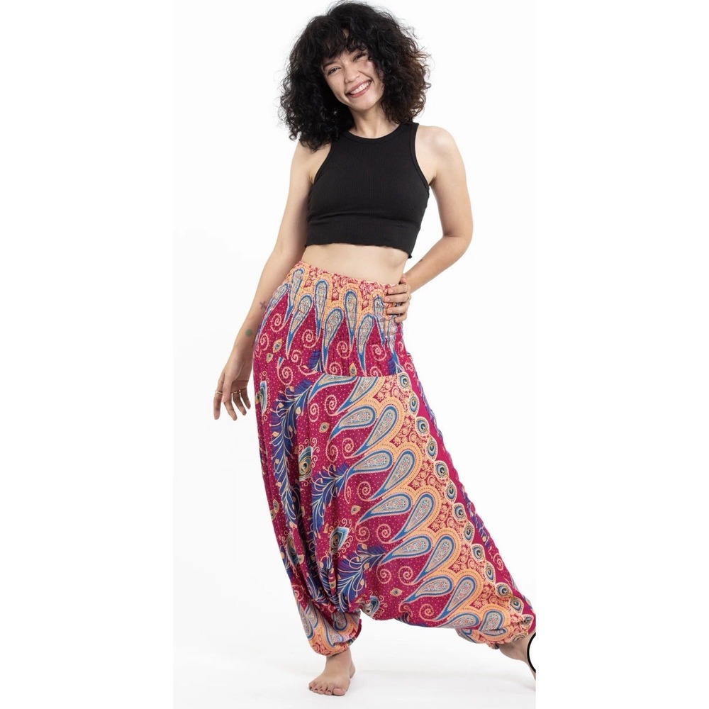Peacock Paisley 2-in-1 Jumpsuit Harem Pants in Pink Convertible Aladdin Festival